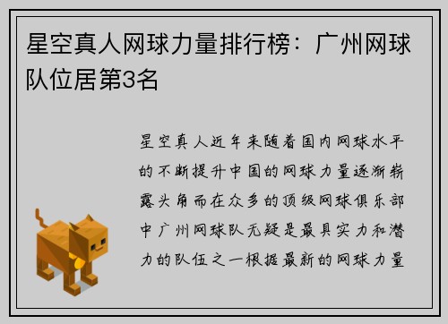 星空真人网球力量排行榜：广州网球队位居第3名