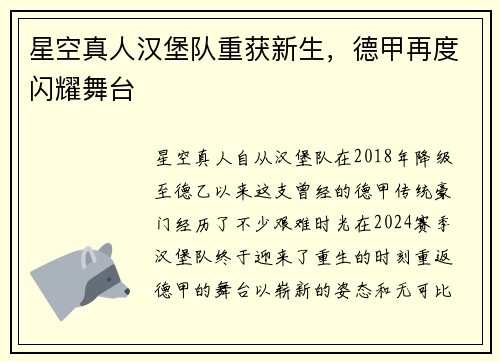 星空真人汉堡队重获新生，德甲再度闪耀舞台